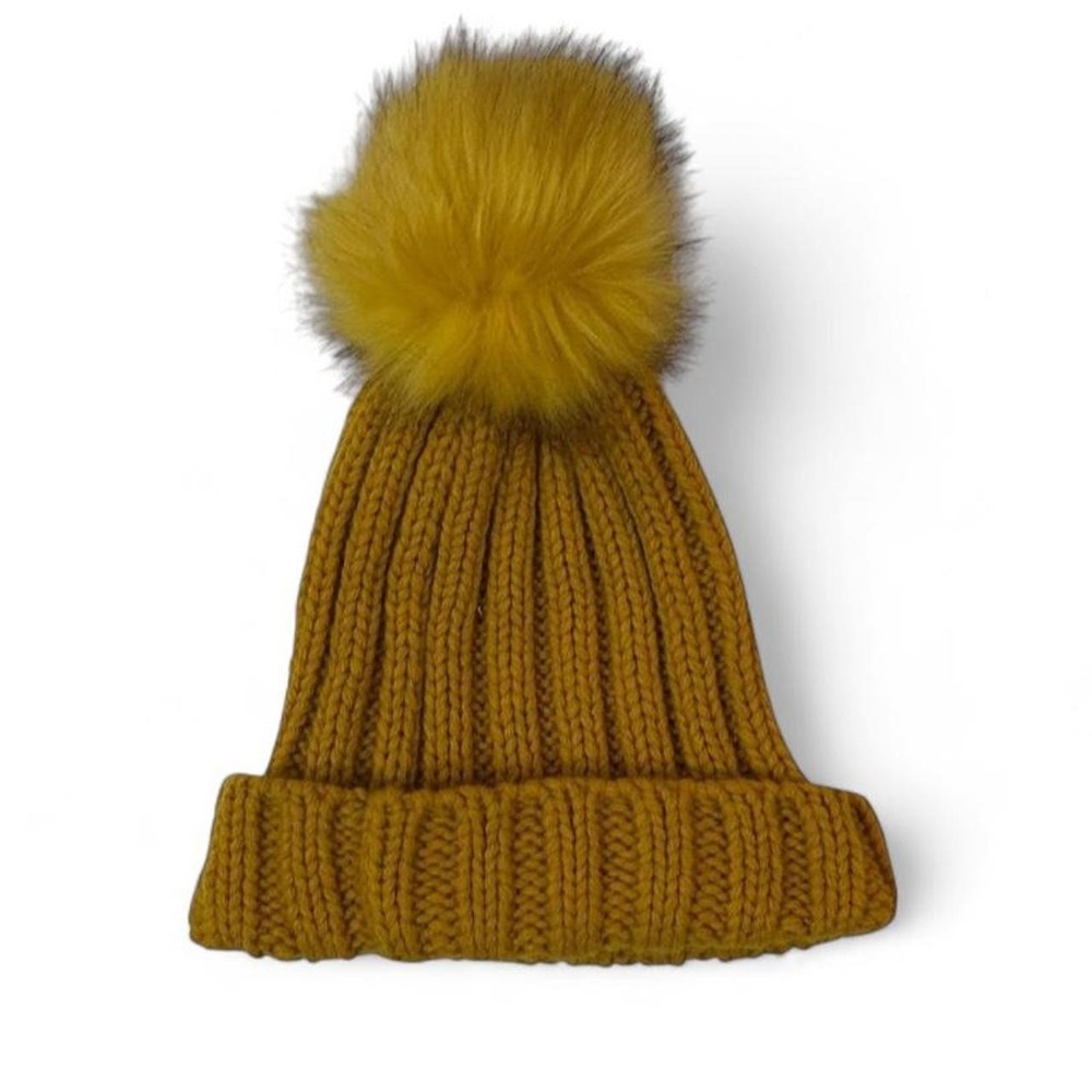 Mustard Yellow Rib Knit Faux Fur Pom Beanie Whimsigoth Cabincore Y2k 90s One Sz